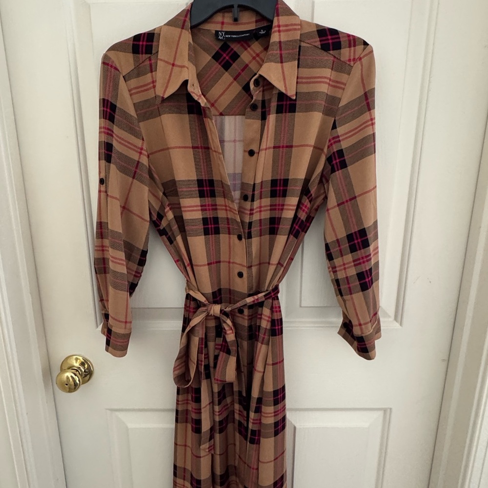 New York & Co Plaid Button-Up Belted Tunic/Dress